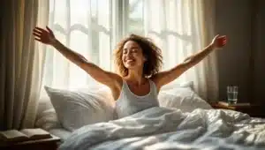 Woman waking up refreshed and energetic after implementing sleep transformation for weight loss