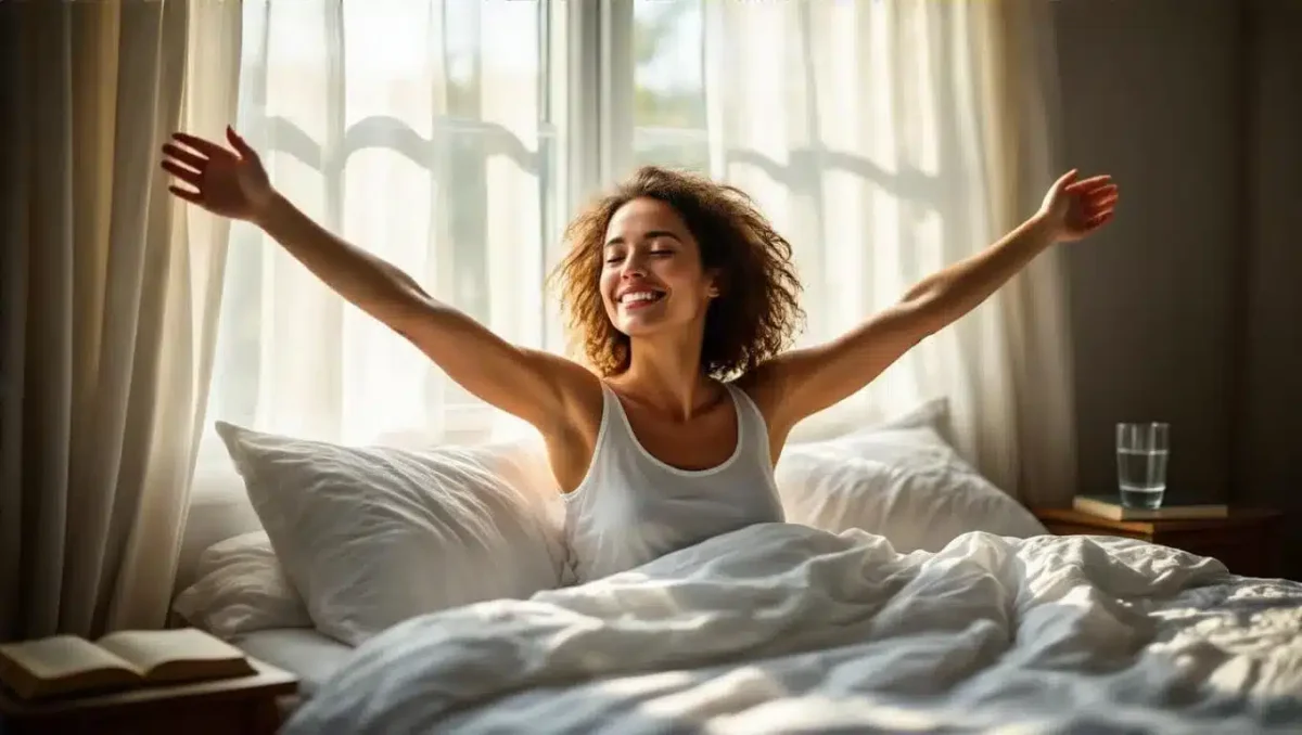 Woman waking up refreshed and energetic after implementing sleep transformation for weight loss