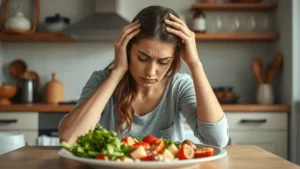 Woman experiencing blood sugar spikes symptoms after eating a healthy meal