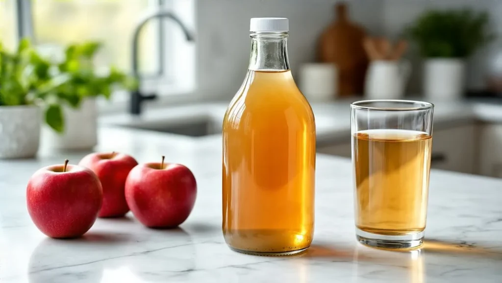 Raw unfiltered apple cider vinegar with the mother showing beneficial bacteria and enzymes for digestive health