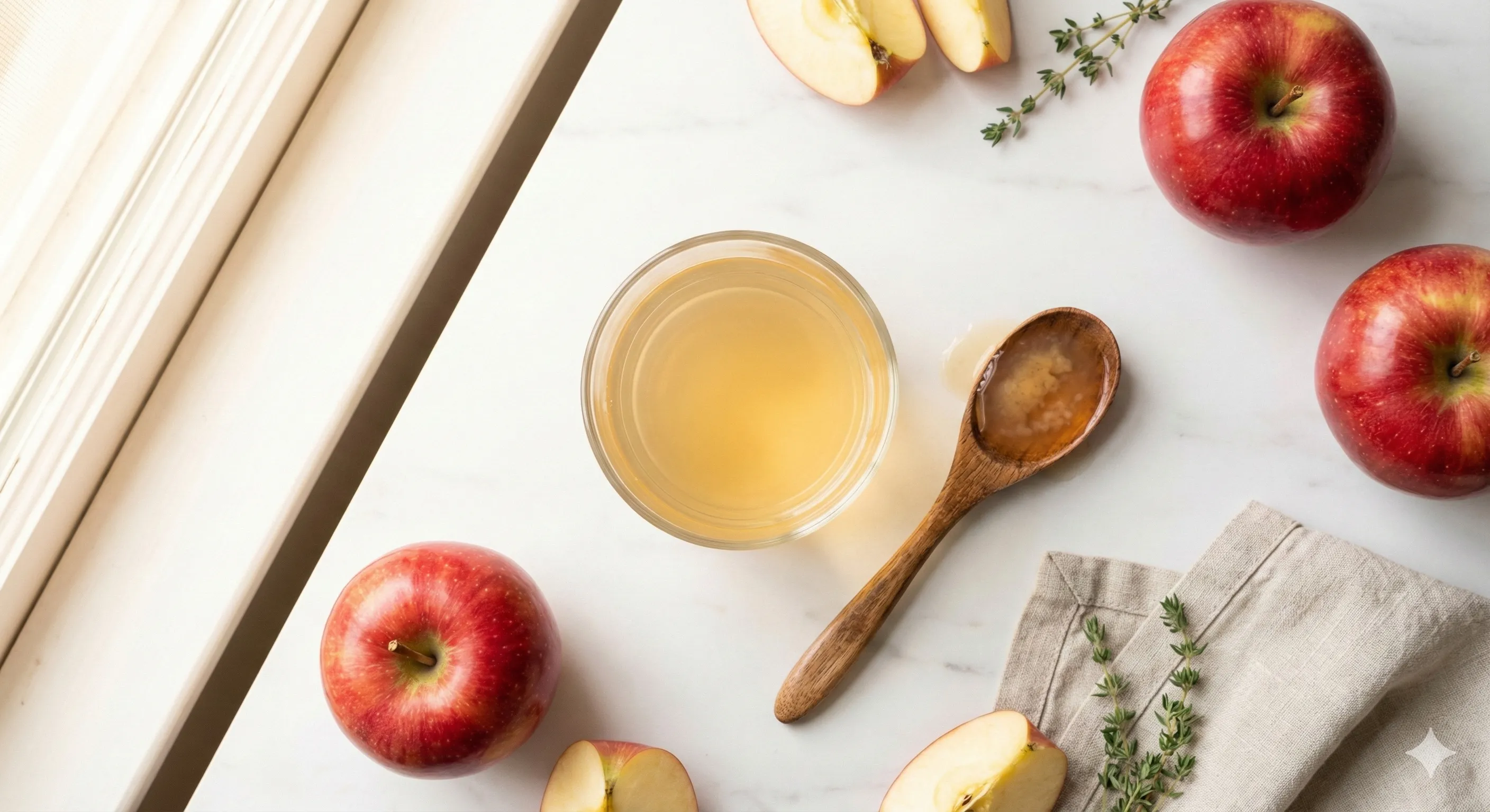 Apple cider vinegar benefits - glass of diluted ACV with fresh apples on marble counter for blood sugar control and weight loss