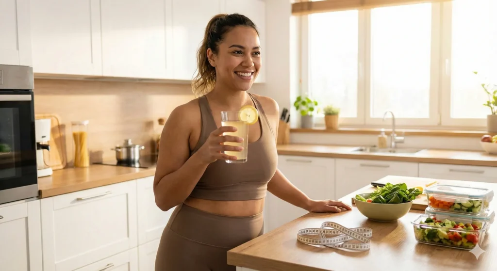 Apple cider vinegar for weight loss - woman drinking diluted ACV before meals to support healthy weight management and reduce cravings