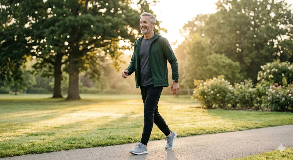 Active man over 50 walking outdoors representing good mitochondrial health and energy after 50