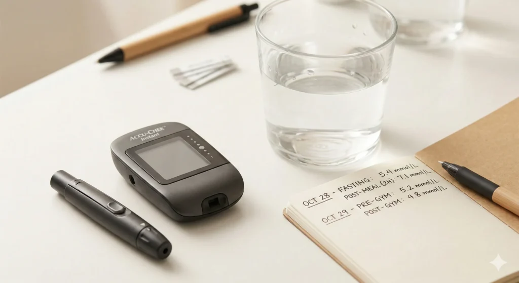 Blood glucose meter and health tracking journal representing mitochondrial dysfunction and metabolic health monitoring