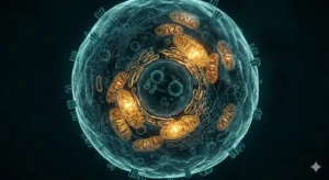 Glowing mitochondria inside a human cell illustrating mitochondrial health after 50