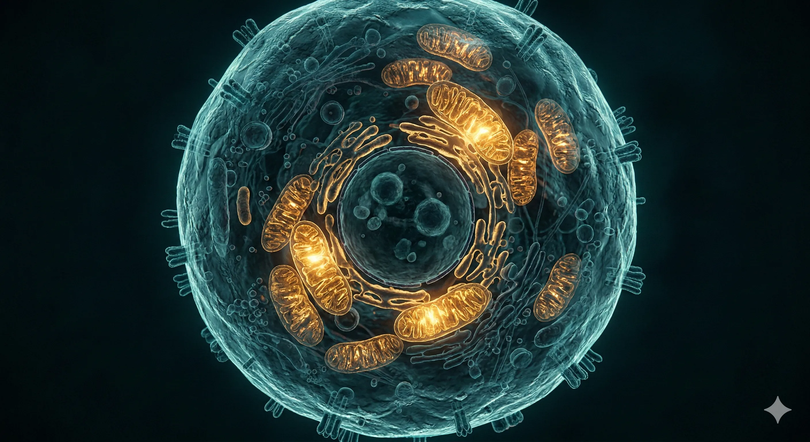Glowing mitochondria inside a human cell illustrating mitochondrial health after 50