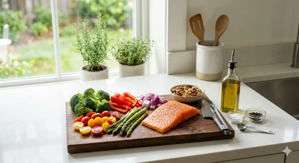 Nutritious whole foods including salmon vegetables and nuts to restore mitochondrial health after 50