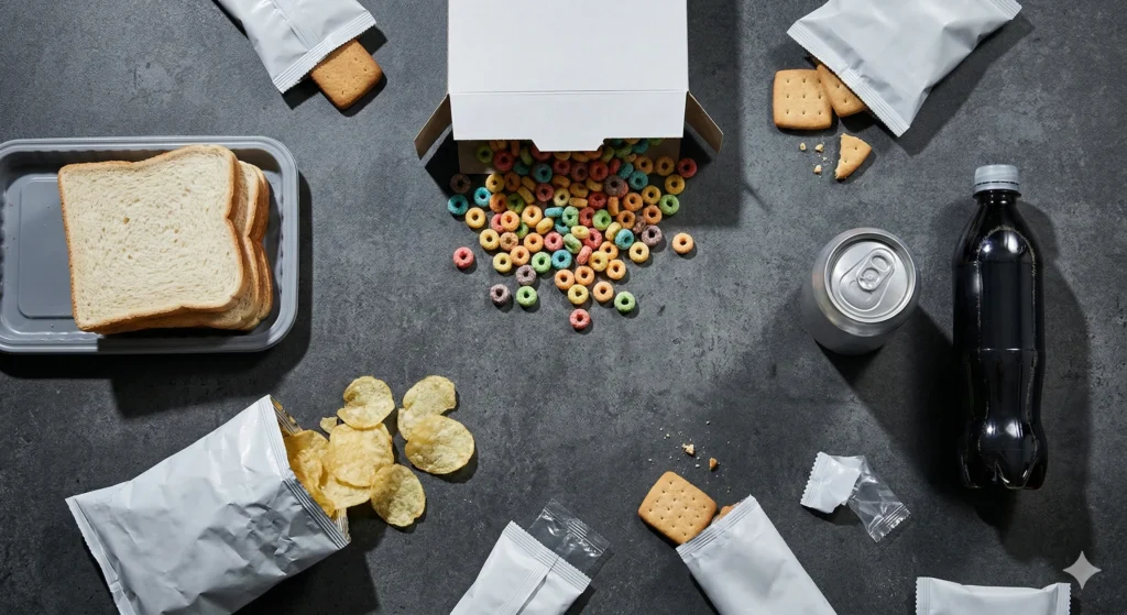 Ultra-processed foods including refined carbs and sugary snacks that cause mitochondrial burnout and poor metabolic health