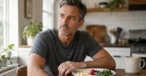 Man at kitchen table experiencing persistent hunger from leptin resistance despite a healthy meal