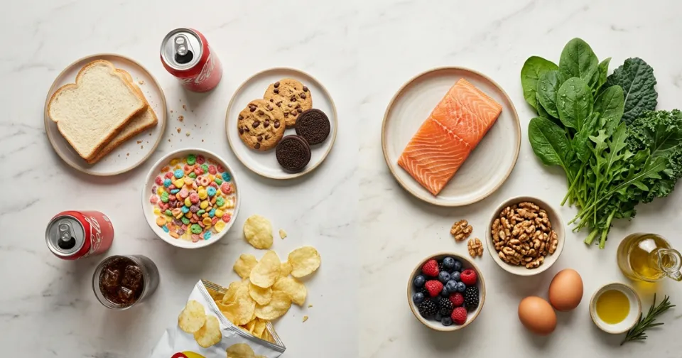 Processed refined-carb foods versus whole anti-inflammatory foods showing dietary causes of leptin resistance