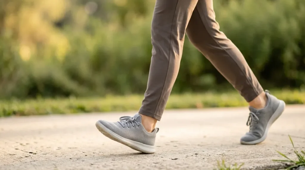 Close-up of legs in motion showing muscles actively absorbing glucose during exercise