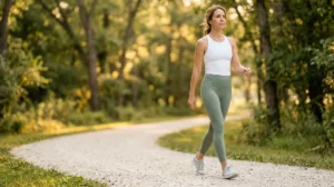 Woman walking briskly outdoors in morning light for metabolic health benefits