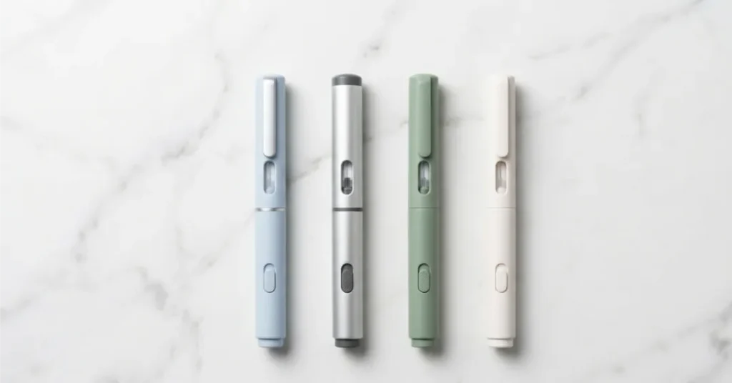 Four GLP-1 medication injection pens arranged for comparison on white marble