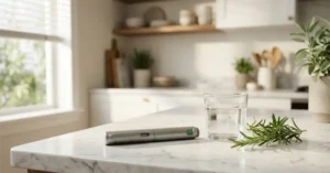 GLP-1 medication injection pen on marble countertop beside fresh herbs