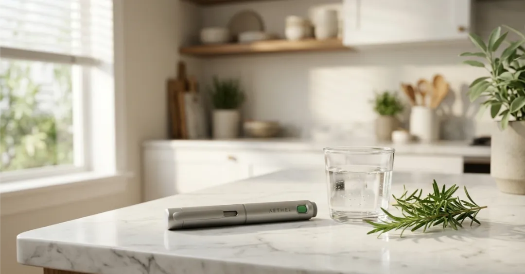 GLP-1 medication injection pen on marble countertop beside fresh herbs