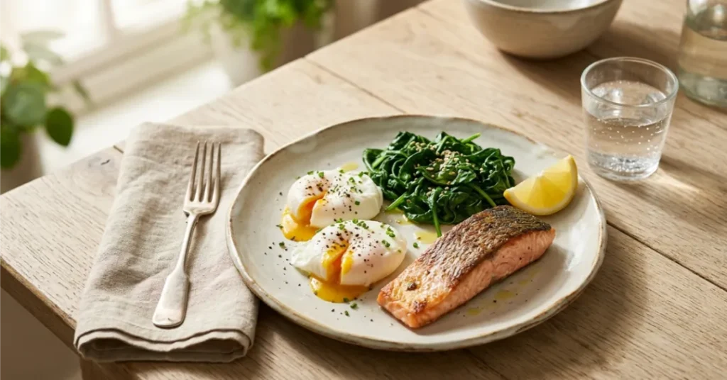 High-protein meal with salmon, eggs and spinach to naturally support GLP-1 hormone levels
