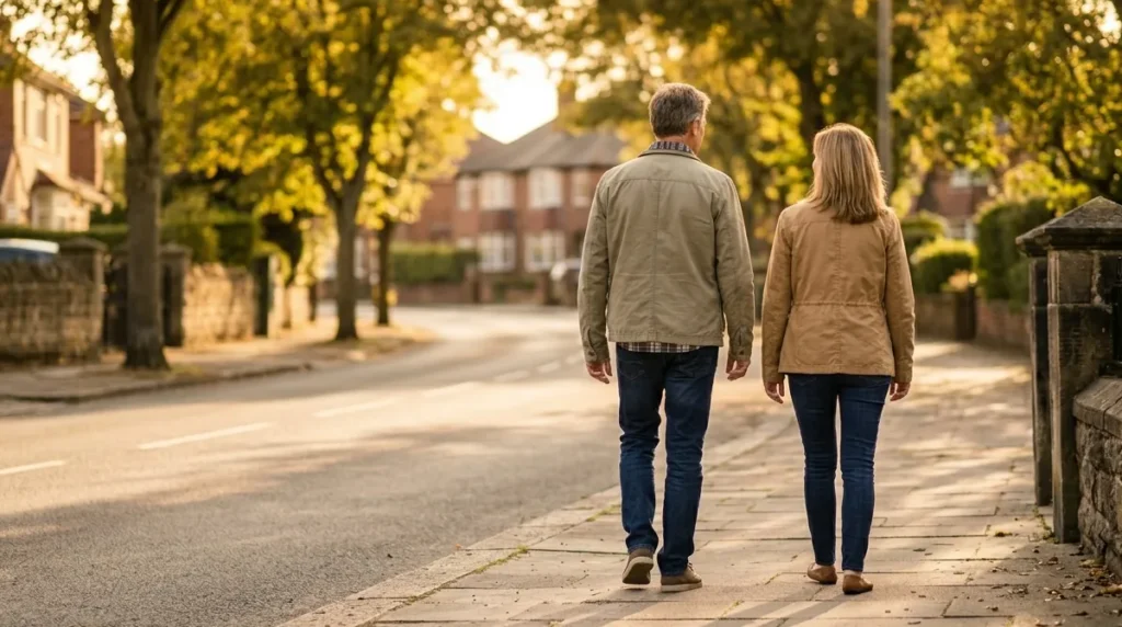 Couple taking a relaxed post-meal evening walk to lower blood sugar and support metabolic health