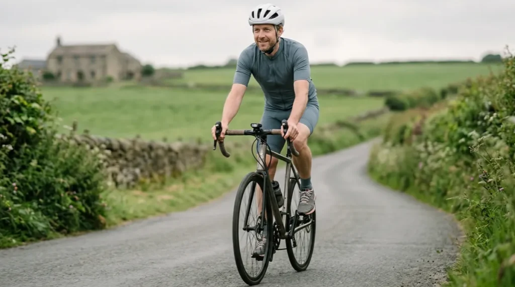 Man cycling at steady Zone 2 pace on quiet countryside road for metabolic health