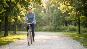 Woman cycling at easy zone 2 pace along a tree-lined park path in morning light