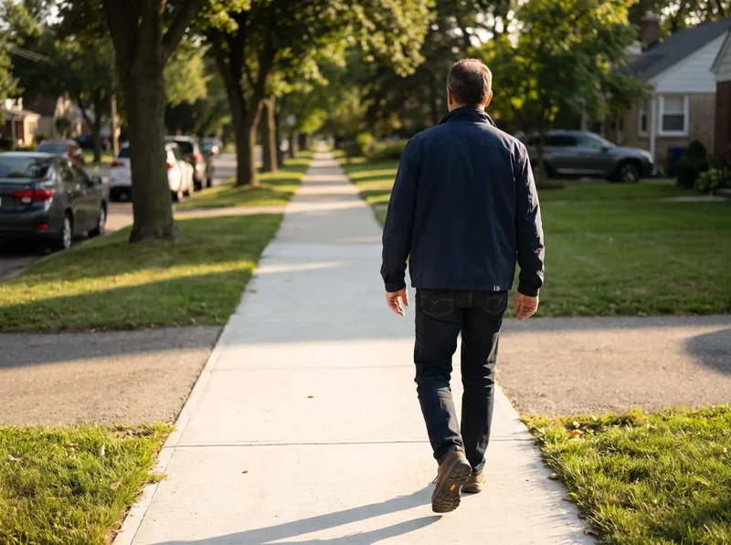 Man walking briskly along a residential street showing walking as an effective zone 2 cardio activity