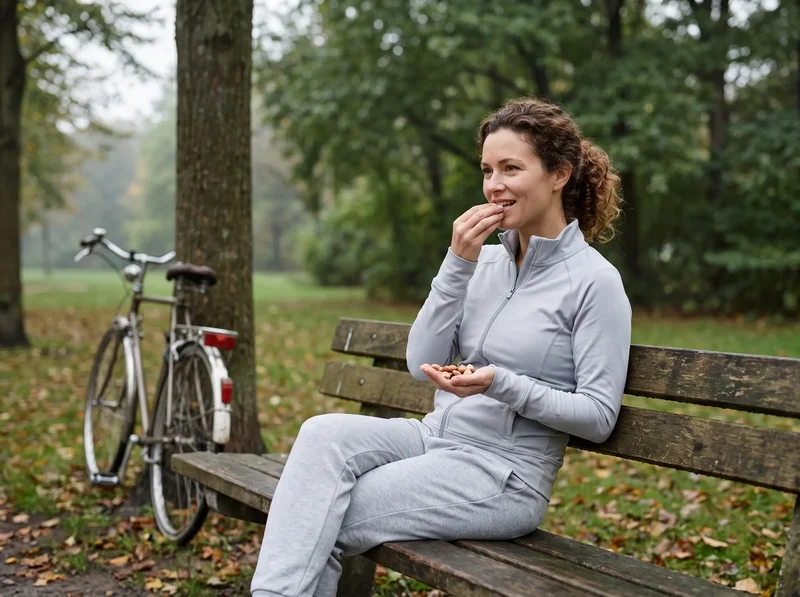 Woman resting after zone 2 exercise in park, representing improved metabolic flexibility and fat burning