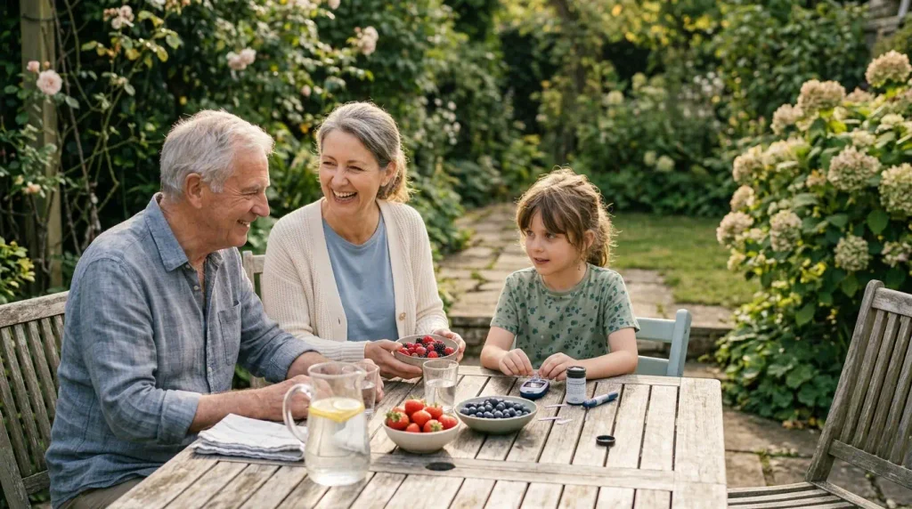 Three-generation family illustrating how normal blood sugar ranges vary by age