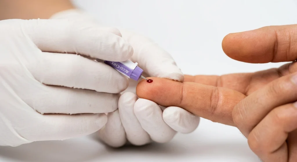 Finger-prick blood glucose test for checking normal blood sugar levels by age