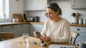 Woman checking blood glucose meter at kitchen table to monitor normal blood sugar levels
