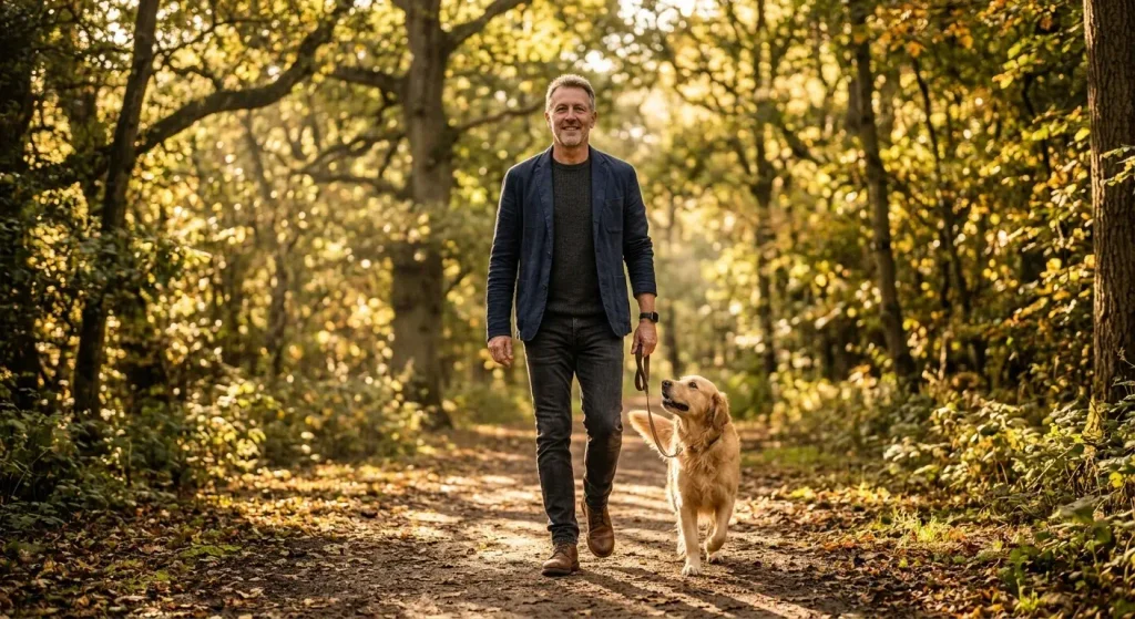 Man walking his dog after a meal to lower postprandial blood sugar levels naturally